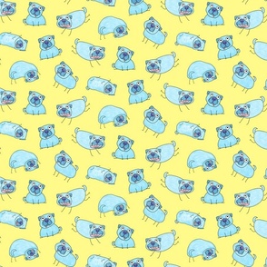 Turquoise Pugs on yellow (small scale) by BigBlackDogStudio