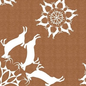 Leaping Buck Deer Snowflakes White on Brown