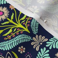 Julieanne spring folk floral damask - sand, chartreuse and mint on midnight blue - small (4.7 inch W repeat)