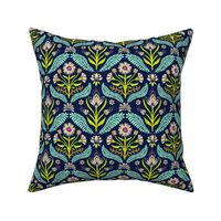 Julieanne spring folk floral damask - sand, chartreuse and mint on midnight blue - small (4.7 inch W repeat)