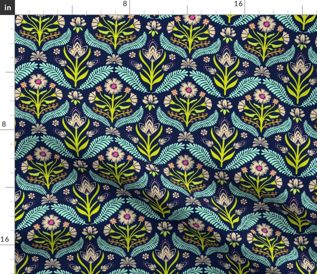 Julieanne spring folk floral damask - sand, chartreuse and mint on midnight blue - small (4.7 inch W repeat)
