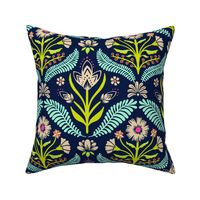 Julieanne spring folk floral damask - sand, chartreuse and mint on midnight blue - medium