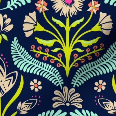 Julieanne spring folk floral damask - sand, chartreuse and mint on midnight blue - medium