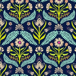 Julieanne spring folk floral damask - sand, chartreuse and mint on midnight blue - medium