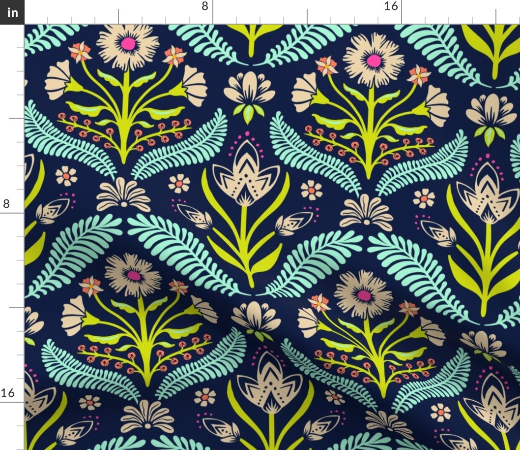 Julieanne spring folk floral damask - sand, chartreuse and mint on midnight blue - medium