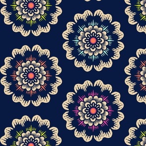 Bold isolated folk flowers - block print style - sand and midnight blue - large