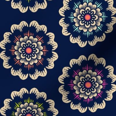 Bold isolated folk flowers - block print style - sand and midnight blue - medium