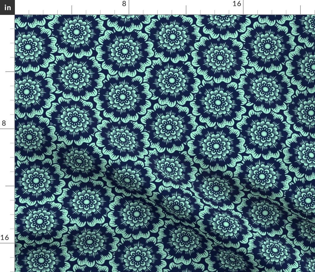 Bold Overlapping Folk Floral - block print style - mint and midnight blue - medium