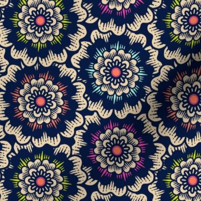 Bold Overlapping Folk Floral - block print style - sand and midnight blue - medium