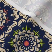 Bold Overlapping Folk Floral - block print style - sand and midnight blue - medium