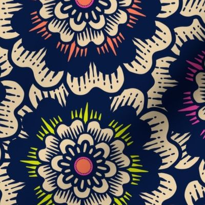 Bold Overlapping Folk Floral - block print style - sand and midnight blue - large
