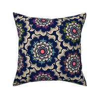 Bold Overlapping Folk Floral - block print style - sand and midnight blue - large