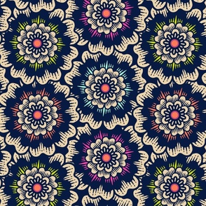 Bold Overlapping Folk Floral - block print style - sand and midnight blue - large