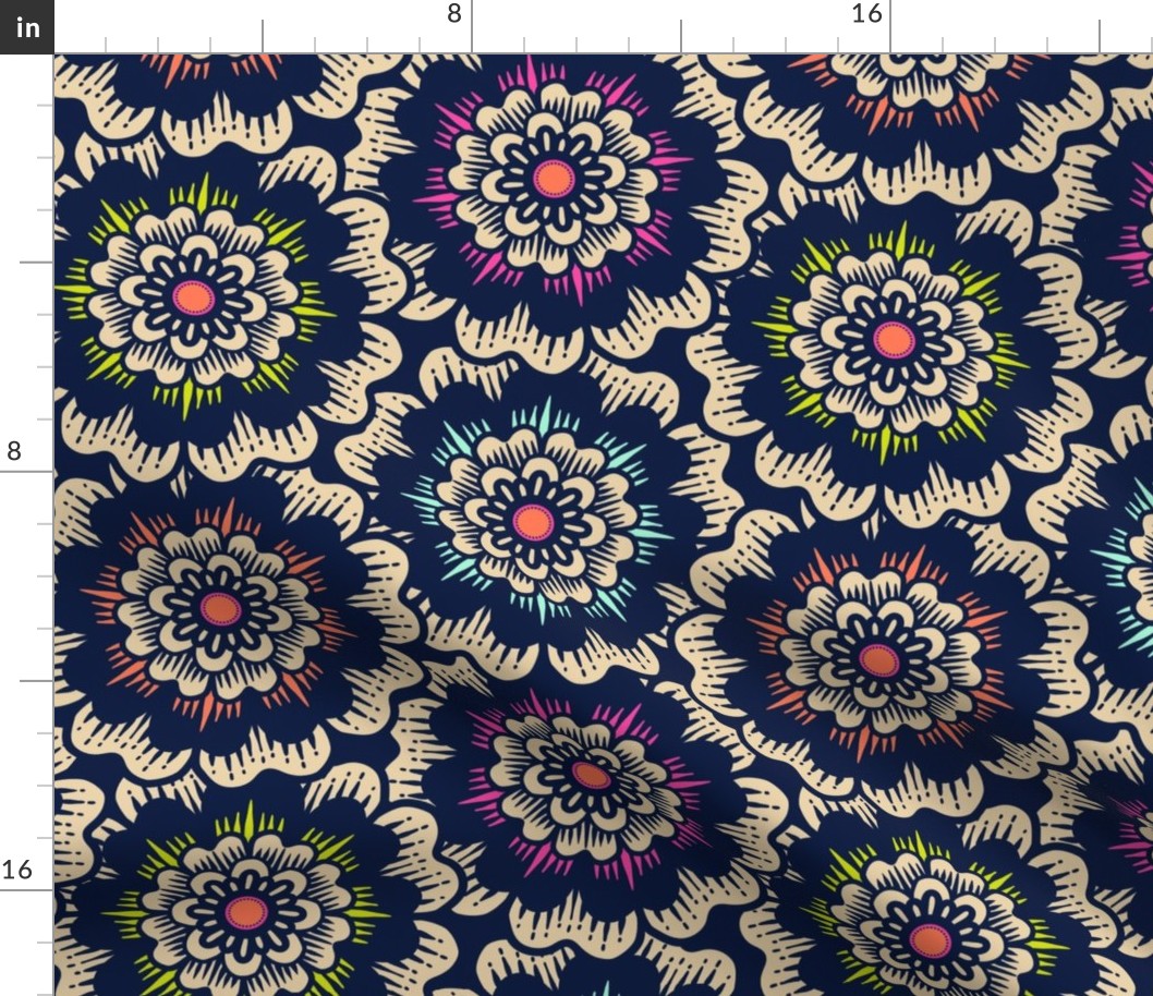 Bold Overlapping Folk Floral - block print style - sand and midnight blue - large