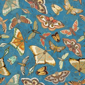 Butterflies and Moths on an blue background, larger scale