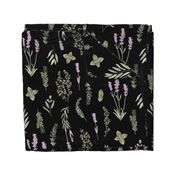 Old World Fragrant Herbs botanical - spaced, bi-directional - soft green and purple  on black - large