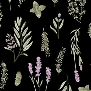 Old World Fragrant Herbs botanical - spaced, bi-directional - soft green and purple  on black - large