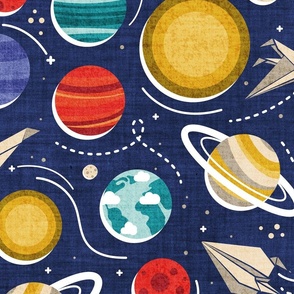 Large jumbo scale // Paper space adventure I // navy blue background multicoloured solar system paper cut planets origami paper spaceships and rockets 