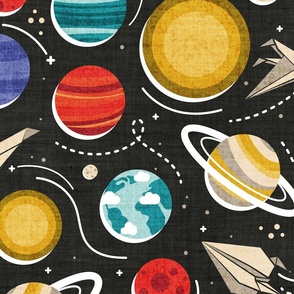 Large jumbo scale // Paper space adventure I // black background multicoloured solar system paper cut planets origami paper spaceships and rockets