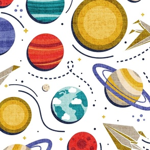 Large jumbo scale // Paper space adventure I // white background multicoloured solar system paper cut planets origami paper spaceships and rockets 