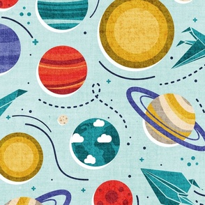 Large jumbo scale // Paper space adventure I // aqua background multicoloured solar system paper cut planets origami paper spaceships and rockets