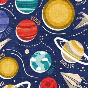Large jumbo scale // Paper space adventure II // navy blue background multicoloured solar system paper cut planets with names origami paper spaceships and rockets 