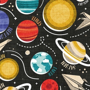 Large jumbo scale // Paper space adventure II // black background multicoloured solar system paper cut planets with names origami paper spaceships and rockets