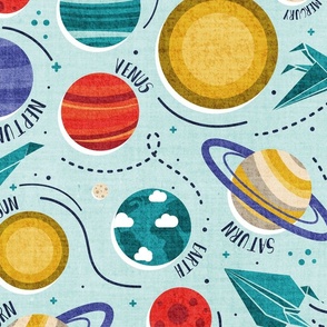 Large jumbo scale // Paper space adventure II // aqua background multicoloured solar system paper cut planets with names origami paper spaceships and rockets 