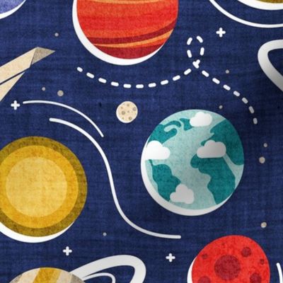 Normal scale // Paper space adventure I // navy blue background multicoloured solar system paper cut planets origami paper spaceships and rockets 