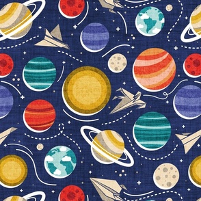 Normal scale // Paper space adventure I // navy blue background multicoloured solar system paper cut planets origami paper spaceships and rockets 