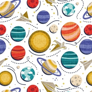 Normal scale // Paper space adventure I // white background multicoloured solar system paper cut planets origami paper spaceships and rockets 