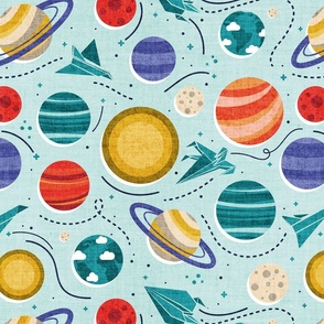 Normal scale // Paper space adventure I // aqua background multicoloured solar system paper cut planets origami paper spaceships and rockets 