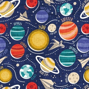 Normal scale // Paper space adventure II // navy blue background multicoloured solar system paper cut planets with names origami paper spaceships and rockets 