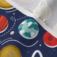 Small scale // Paper space adventure I // navy blue background multicoloured solar system paper cut planets origami paper spaceships and rockets 