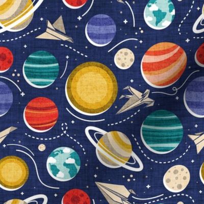 Small scale // Paper space adventure I // navy blue background multicoloured solar system paper cut planets origami paper spaceships and rockets 