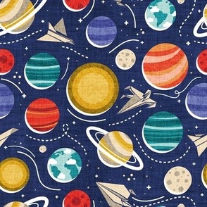 Small scale // Paper space adventure I // navy blue background multicoloured solar system paper cut planets origami paper spaceships and rockets 