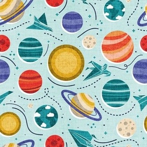 Small scale // Paper space adventure I // aqua background multicoloured solar system paper cut planets origami paper spaceships and rockets 