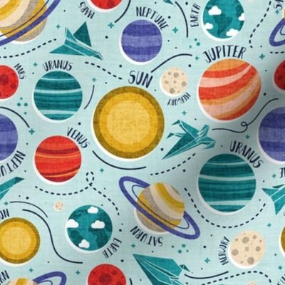 Small scale // Paper space adventure II // aqua background multicoloured solar system paper cut planets with names origami paper spaceships and rockets 