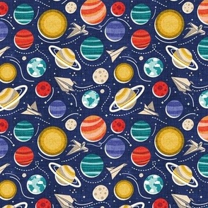 Tiny scale // Paper space adventure I // navy blue background multicoloured solar system paper cut planets origami paper spaceships and rockets 