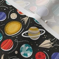 Tiny scale // Paper space adventure I // black background multicoloured solar system paper cut planets origami paper spaceships and rockets 