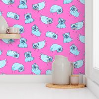 Turquoise Pugs on hot pink (medium scale) by BigBlackDogStudio