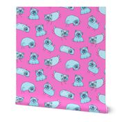 Turquoise Pugs on hot pink (medium scale) by BigBlackDogStudio