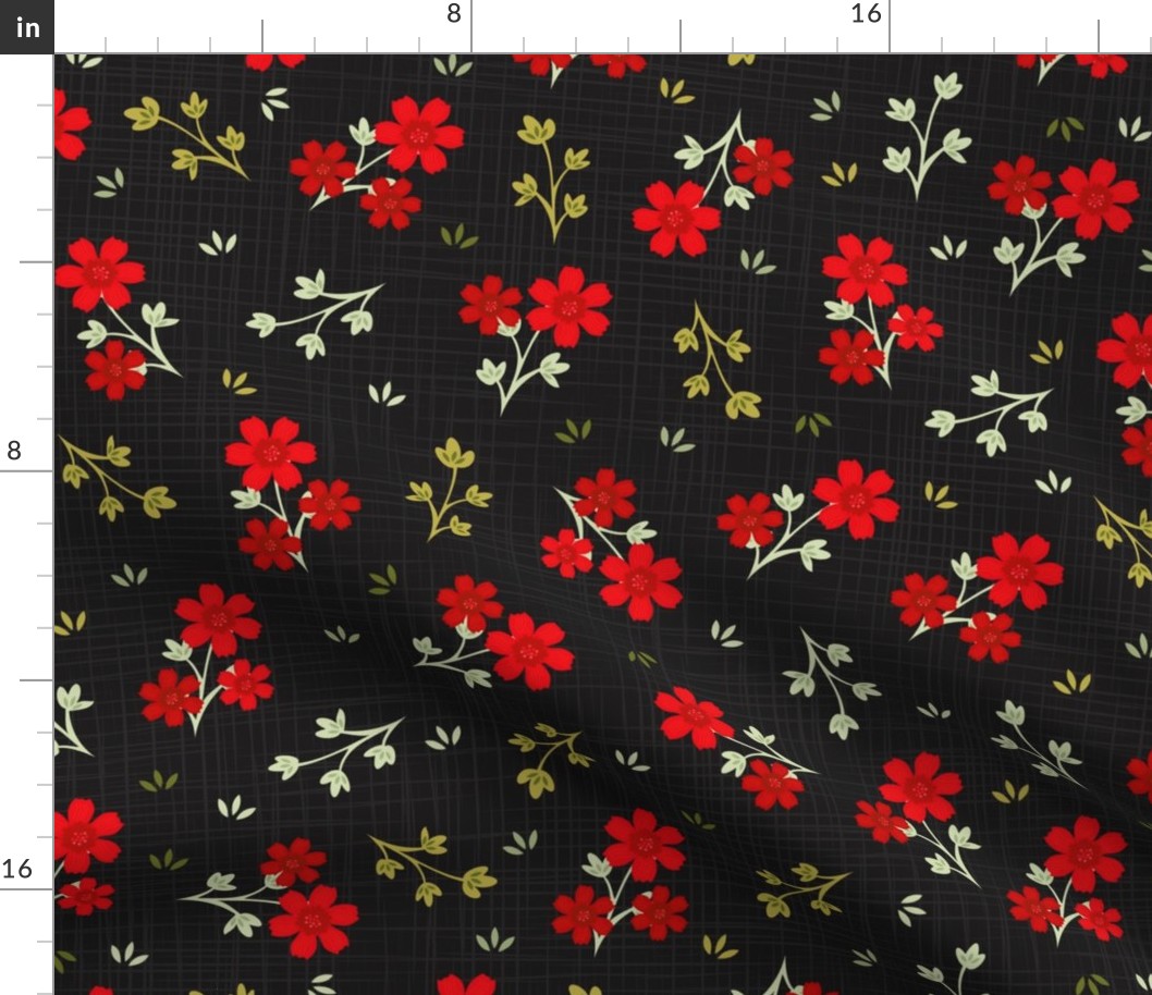 Small Ditsy Red Floral on Black