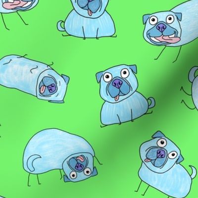 Turquoise Pugs on  grass green (medium scale) by BigBlackDogStudio