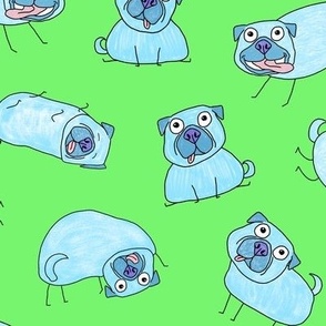 Turquoise Pugs on  grass green (medium scale) by BigBlackDogStudio