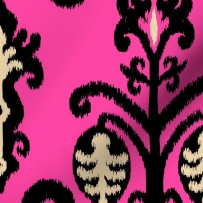 Bold Spring Tribal Ikat Lantern Motifs - black and sand on hot pink - large