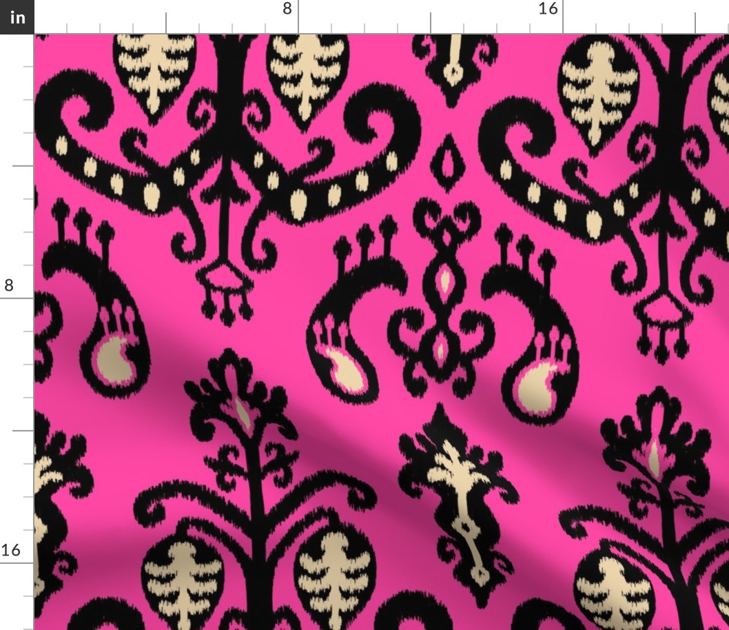 Bold Spring Tribal Ikat Lantern Motifs - black and sand on hot pink - large