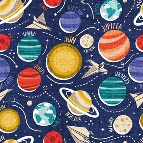 Small scale // Paper space adventure I // navy blue background multicoloured solar system paper cut planets origami paper spaceships and rockets 