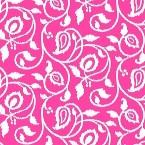 Spring paisley Ikat vines - white on hot pink - large
