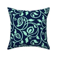 Spring paisley Ikat vines - mint on midnight blue - Ethnic Floral - large